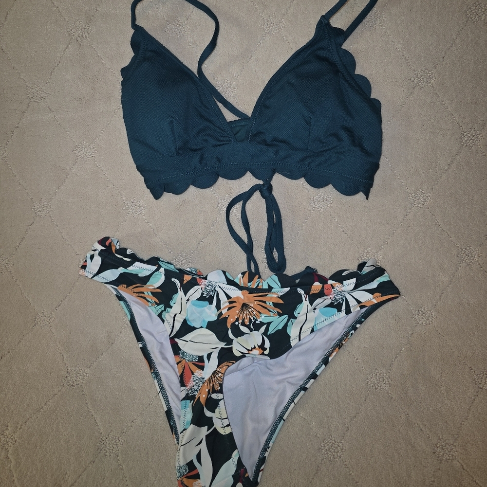 Cupshe Green And Floral Teal Bikini Set